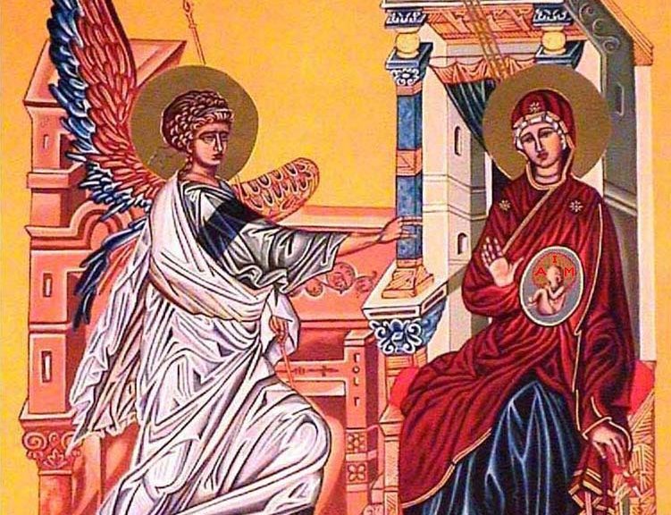 A pro life icon of the annunciation, showing christ the unborn child in his mother mary’s womb.